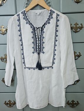 White Embroidered Tunic Top with Navy Tassels